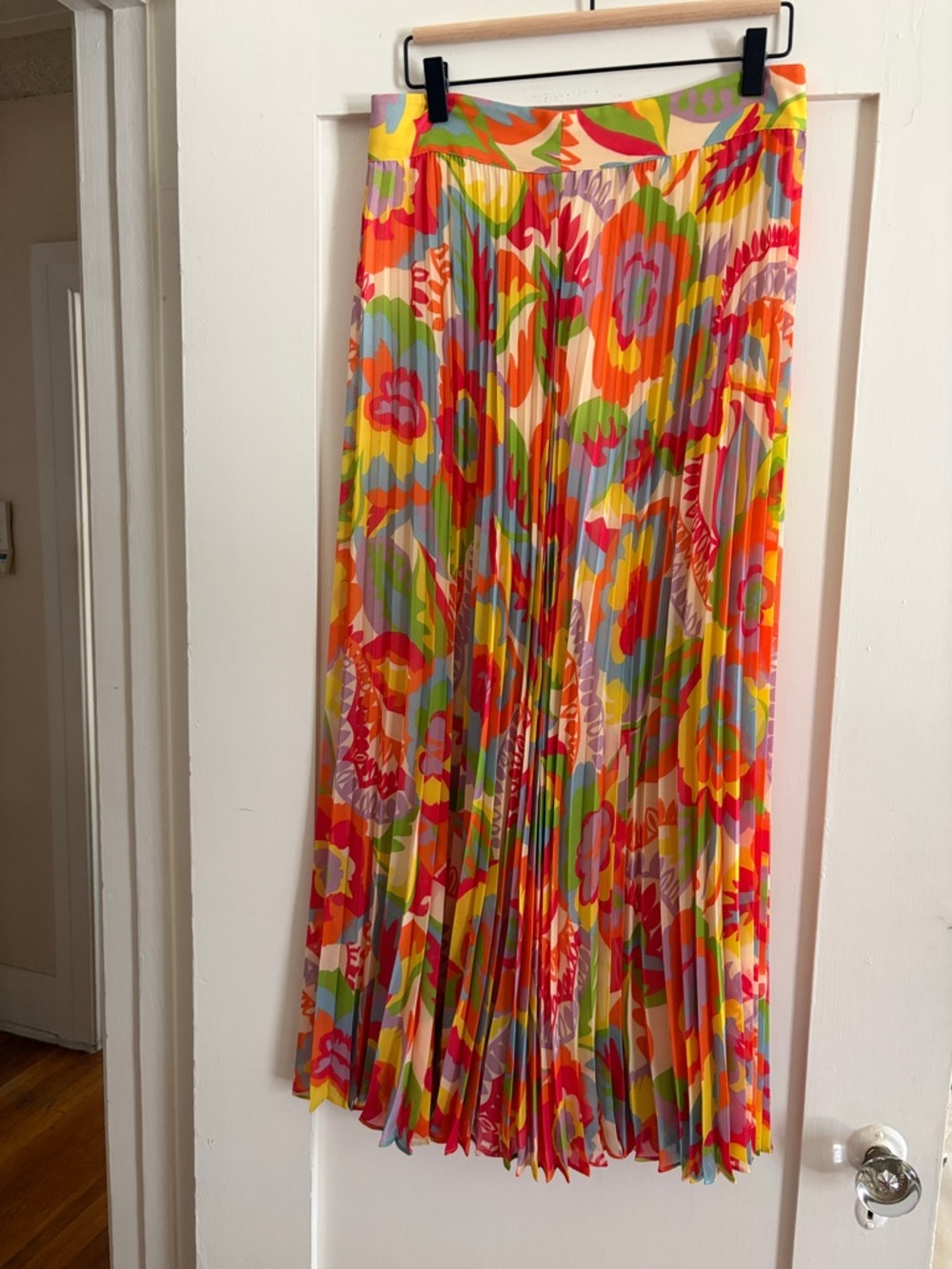 Sezane Pleated Midi Skirt in Yellow, Pink, Red & Green Floral